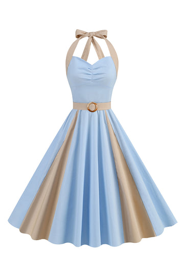 En linje Blå Halter Vintage 1950-talet Klänning